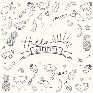 Doodle collection of Hand drawn summer fruits with watermelon pineapple banana strawberry and orange