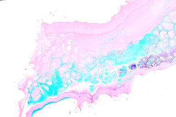 Paint drops and splashes on white paper. Multicolored explosion, pink blue ink blots abstract background, fluid art