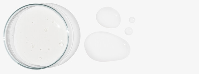 Rectangular banner with Petri dishes isolated. Smears of transparent gel, serum. Can be pasted on your background