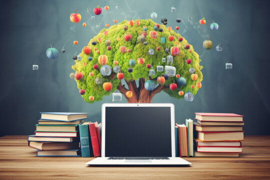 laptop with books and tree