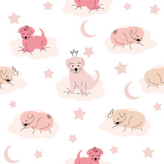 Fototapeta premium Cute sleeping puppy, clouds, stars, crown, butterflies Seamless pattern. Gentle colors. For newborns