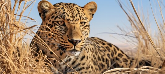 Wildlife safari landscape, african jaguars animals africa banner panorama long - Lying jaguar in a park in namibia  (Generative Ai)