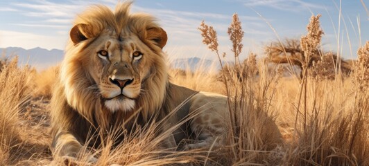 Wildlife safari landscape, african lions animals africa banner panorama long - Lying lion in a park in namibia  (Generative Ai) - obrazy, fototapety, plakaty