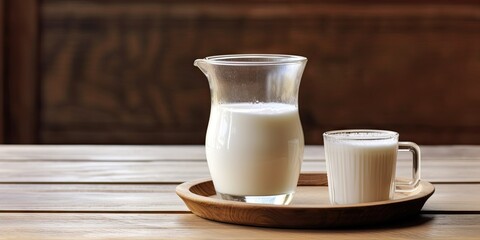 Fresh and organic milk in glass on rustic wooden table on dark background for your product showcase with copy space