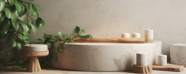 Banner template for spa product presentation. Pedestal of marble slabs and branches with green leaves against background of wall in bathroom with masonry in light beige colors. Ai generative.