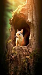 AI generated illustration of a curious squirrel peeking out of a hole in a tree trunk