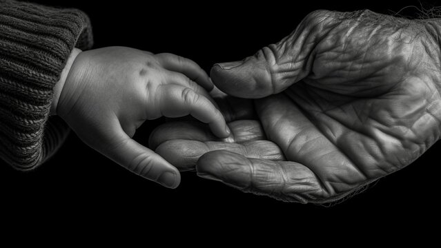 AI generated illustration of an adult's hand tenderly cradling a tiny toddler's hand