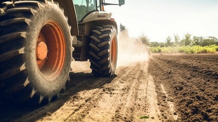AI generated illustration of a tractor working on a sandy field, plowing up the soil