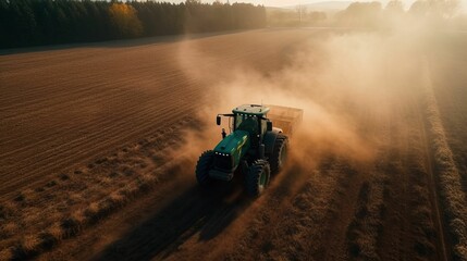 AI generated illustration of an aerial view of a tractor plowing a field