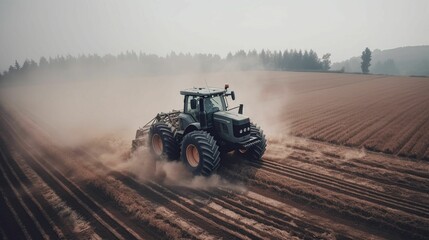 AI generated illustration of a tractor plowing a large expanse of land