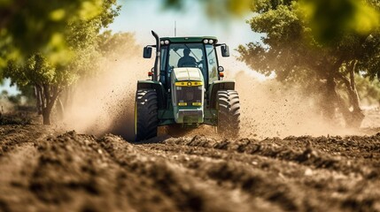 AI generated illustration of a tractor driving on a dirt field with trees in the background