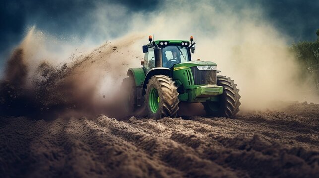 AI generated illustration of an agricultural tractor parked in the center of a rural farmland