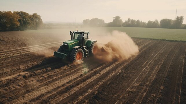 AI generated illustration of a large green tractor plowing a field of freshly tilled soil