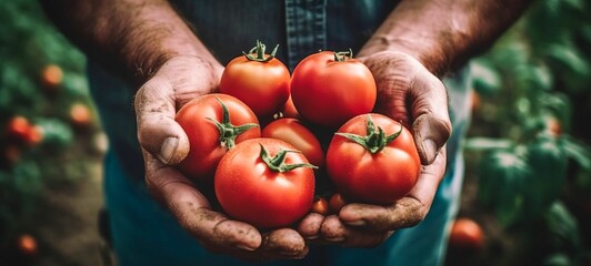 AI generated illustration of a farmer holding fresh red large tomatoes in his hands