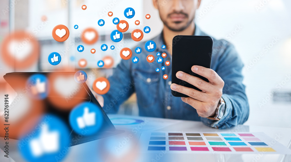 Poster Notification, phone and businessman on social media networking as communication with overlay or graphic like. Digital, heart emoji and employee or worker texting on a mobile app, website or web