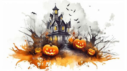 AI generated illustration of a spooky Halloween scene in a watercolor art style