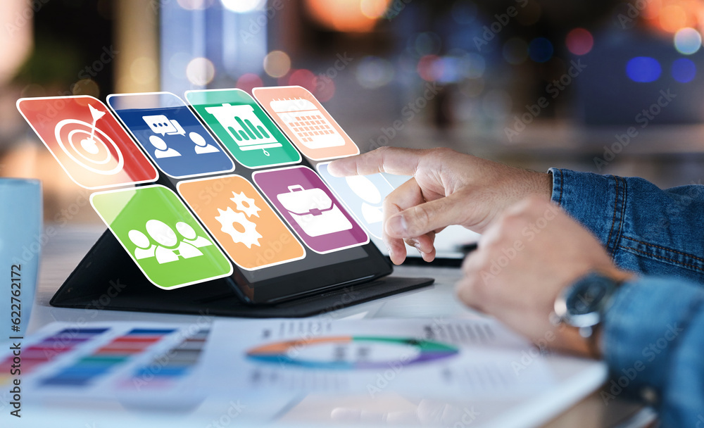 Poster Hands, tablet and hologram dashboard for web design, transformation and overlay for app ui in office. Programming expert, touchscreen and holographic icon with color, choice or ux coding in workplace
