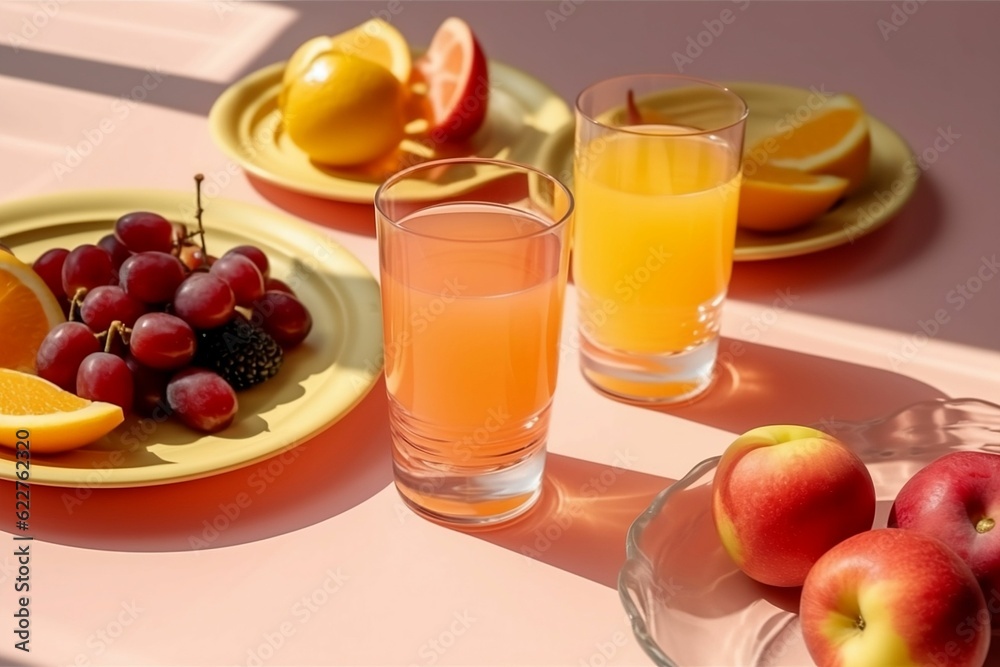 Sticker AI generated illustration of a selection of fresh fruit and glasses of juice on the table