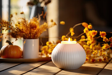 Fototapeta na wymiar A pastel orange candle in a white holder, on a wooden table , autumn composition