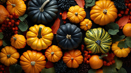 Fototapeta premium Thanksgiving concept. Pumpkins harvest top view,