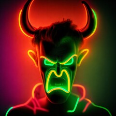 AI generated man with neon-illuminated evil face and horns