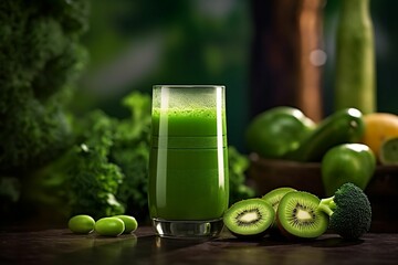 Abundance of fresh fruits and vegetables next to a tall glass of vibrant green juice, ai-generated