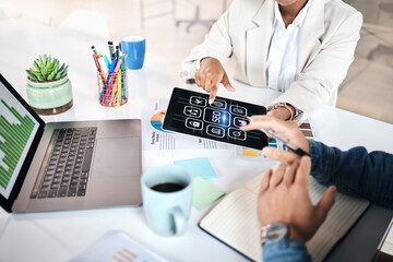 Business people, hands and tablet with icons for marketing, analytics or SEO at the office. Group working on technology display for online research, teamwork or planning strategy at workplace