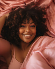 Close up of a joyful plus size African American young woman laughing with a light pink color background. Generative AI