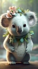AI generated illustration of a koala bear wearing a headdress of flowers and greenery