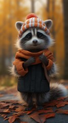 Obraz premium AI generated illustration of a raccoon pictured wearing a hat, jacket and scarf