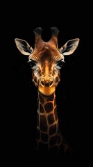 AI generated illustration of a giraffe's face illuminated by a dark, ambient light