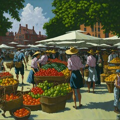 AI generated illustration of An outdoor farmers market on a sunny day