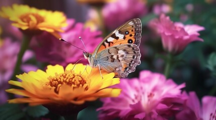 AI generated illustration of a beautiful vibrant butterfly on a bloom flowers