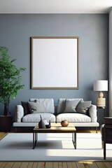 AI generated illustration of a cozy living room with an empty frame hanging above a comfortable sofa