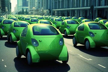 AI generated illustration of the futuristic small green cars on the road