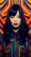 Fototapeta na wymiar Vertical shot of a beautiful Chinese woman wearing a graphic shirt. Ai generated