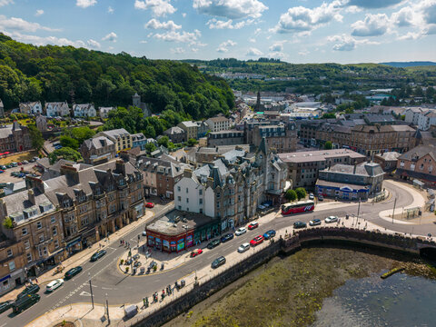 Aerial drone photo of the town centre in Oban, Scotland