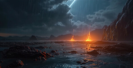 Dark extraterrestrial world with volcanic terrain, fires and rain