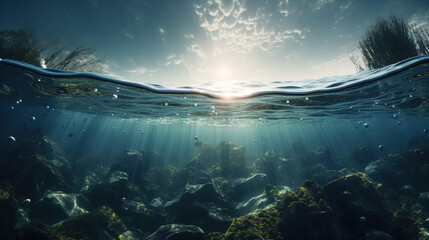 Rocky underwater landscape in sunlight - obrazy, fototapety, plakaty