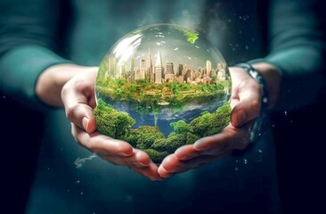 AI generated illustration of a person holding a globe with a detailed cityscape inside