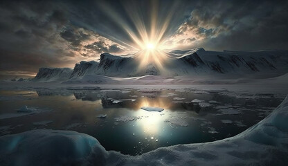 Sun reflects in the icy waters of a frozen word