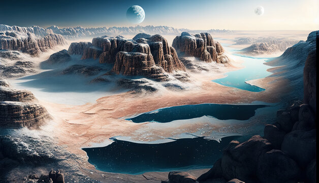 Alien word with snowy valleys and blue lakes. Exoplanet discovery. Digital illustration.