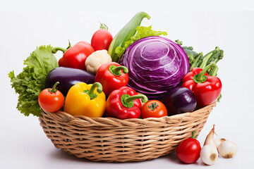 A basket with various fresh different vegetables isolated on white background