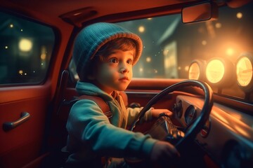 AI generated illustration of a young boy driving a car in a metropolitan area at night