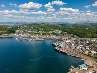 Aerial drone photo of the harbour town Oban in Scotland