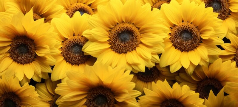 Summer sunflower flower background banner - Closeup of blooming sunflowers on field (Generative Ai)