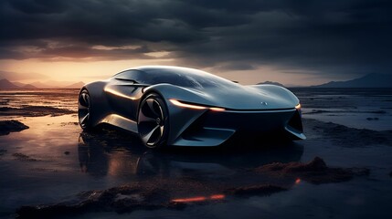 Obraz na płótnie Canvas AI generated illustration of a futuristic sports car parked outdoors at a rainy gloomy night