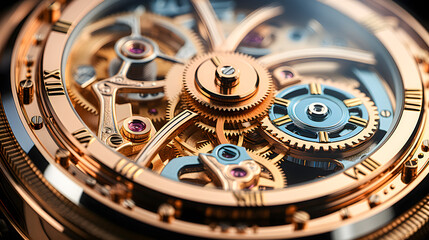 Interior of a luxury watch. Metal gears and mechanisms.