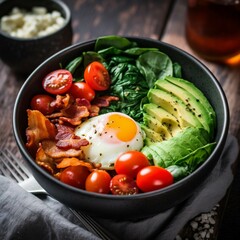 Healthy breakfast bowl with fried egg, avocado, bacon and cherry tomatoes