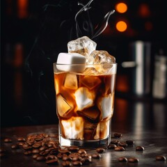 Iced coffee with ice cubes in glass and coffee beans on dark background.